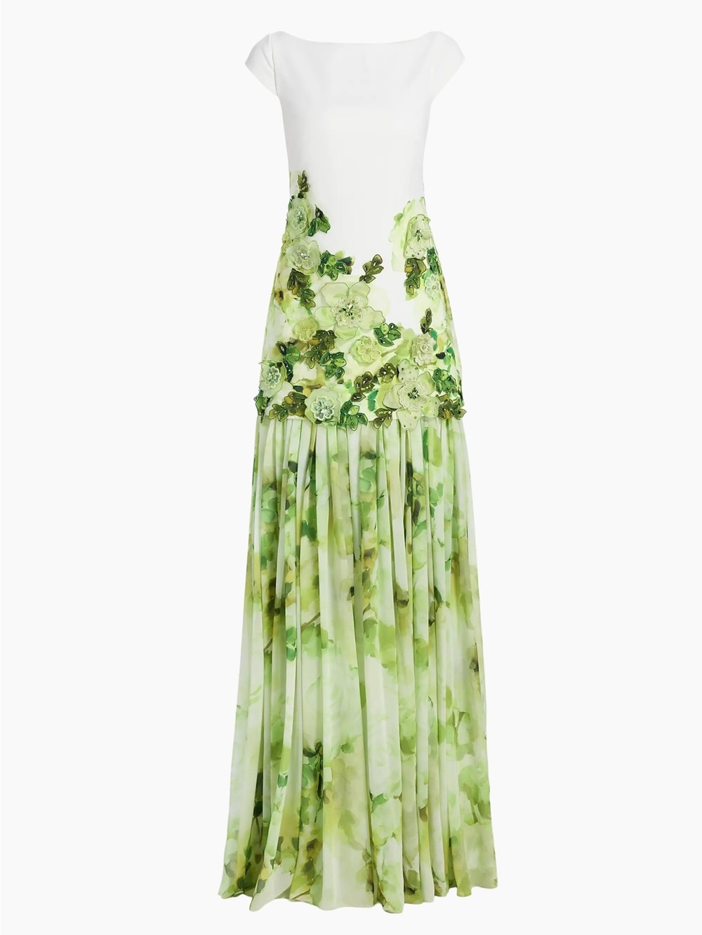 Badgley Mischka Floral Appliqué Drop-Waist Gown